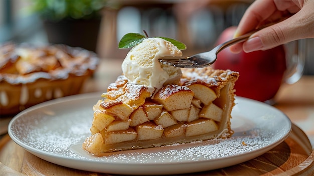 A slice of warm apple pie with a scoop of vanilla ice cream