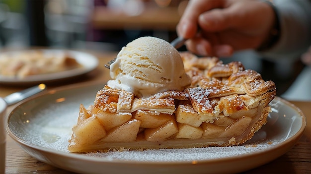 A slice of warm apple pie with a scoop of vanilla ice cream