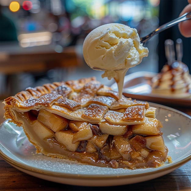 A slice of warm apple pie with a scoop of vanilla ice cream