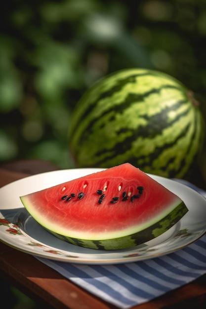 A slice of watermelon sits on a plate.