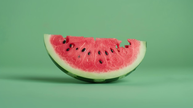 A slice of watermelon with seeds on a green background