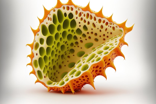 Slice of a whole kiwano or horned melon on a white backdrop