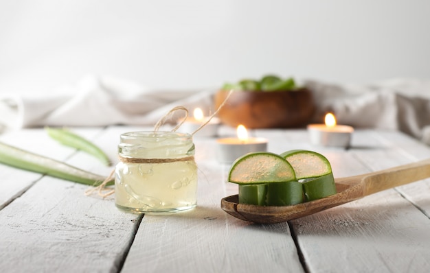 Sliced Aloe Vera and glass jar