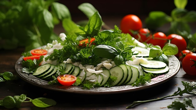 Sliced assorted vegetables on a white plate on a dark wooden background catering menu