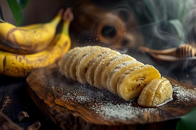 Sliced banana sweet dessert honey icing sugar rustic wooden tray Homemade natural sweetness