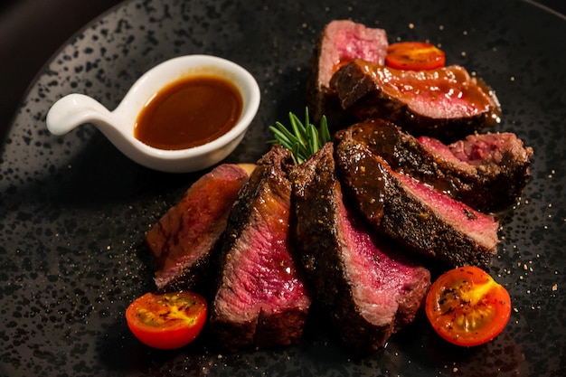 Sliced beef steak on black plateFood concept background