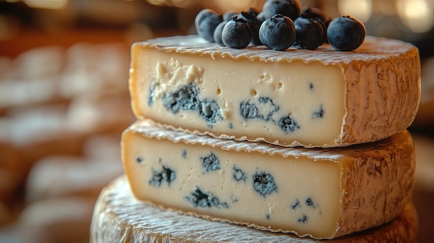 Sliced blue cheese wheel with rind showing on marble surface