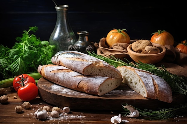 a sliced bread on a cutting board with vegetables and spices