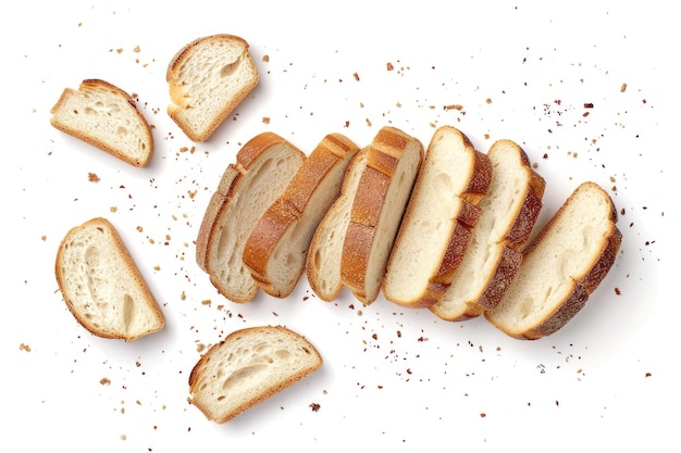 Sliced bread isolated on a white background Bread slices and crumbs viewed from above Top view