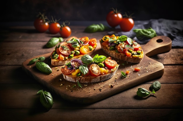 Sliced bread with tomatoes and basil on wooden cutting board Generative AI