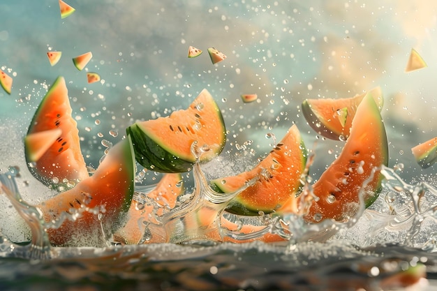 Sliced of cantaloupe melon and watermelon falling in the air with water splashes