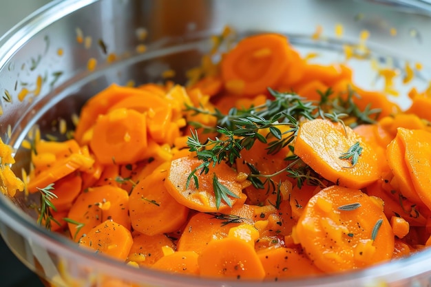 Sliced Carrots with Fresh Thyme Seasoning in a Steel Bowl Focus on Vegetable Garnishing