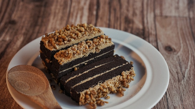 Sliced of chocolate and peanut cake