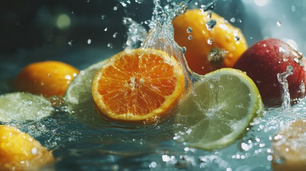 Photo sliced citrus fruits splashing in water