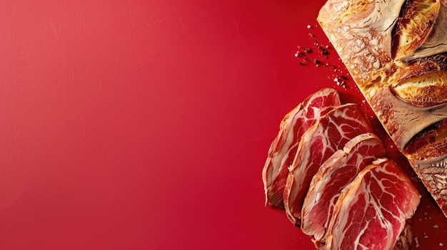 Sliced cured meat with crusty bread on vibrant red background garnished spices