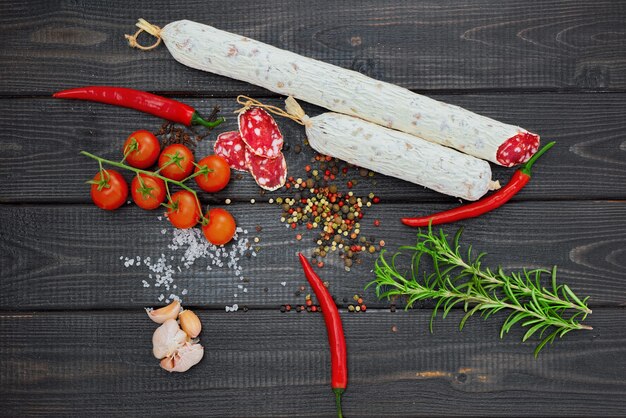 Sliced cured sausage with spices, chili pepper, garlic and tomatoes on dark wooden rustic background.