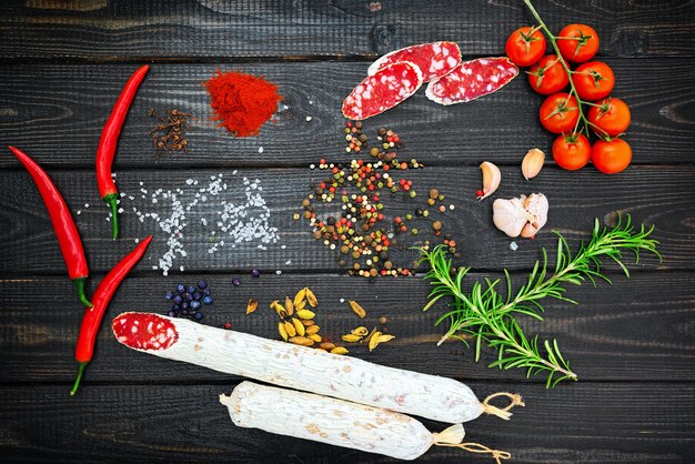 Sliced cured sausage with spices, chili pepper, garlic and tomatoes on dark wooden rustic background.