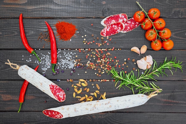 Sliced cured sausage with spices, chili pepper, garlic and tomatoes on dark wooden rustic background.