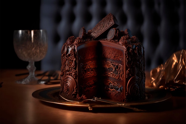 sliced delicious chocolate cake with floral design