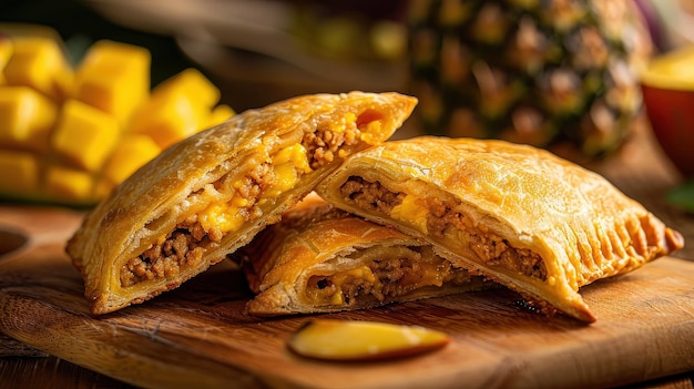 Photo sliced empanada with meat and cheese filling