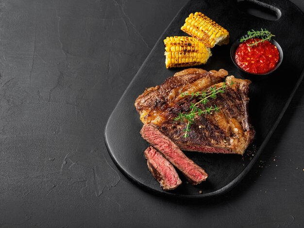 Sliced fried spiced juicy steaks with herbs on dark board grilled corn red sauce in a small bowl on black background Closeup shot Side view