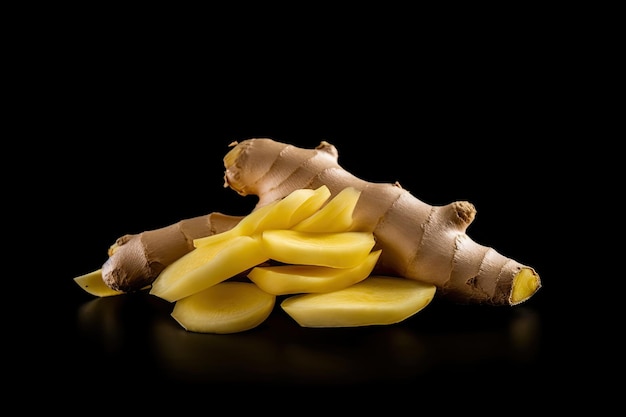 Sliced Ginger Root On Black Background