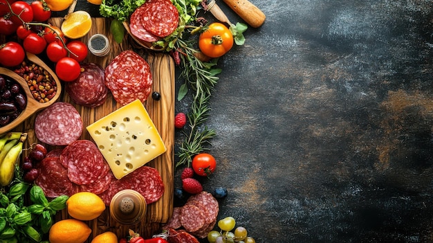 Sliced gourmet meat cheese vegetables and fruits on wooden board