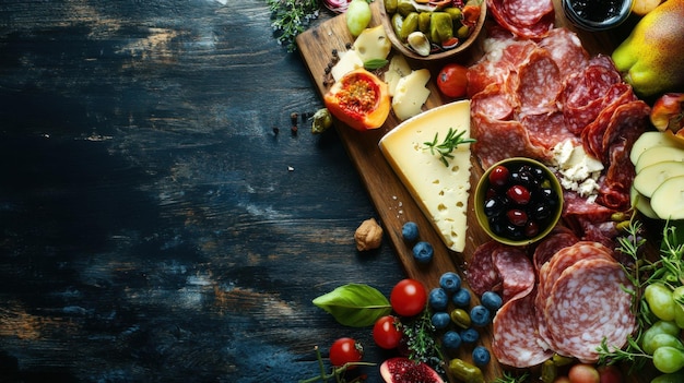 Sliced gourmet meat cheese vegetables and fruits on wooden board