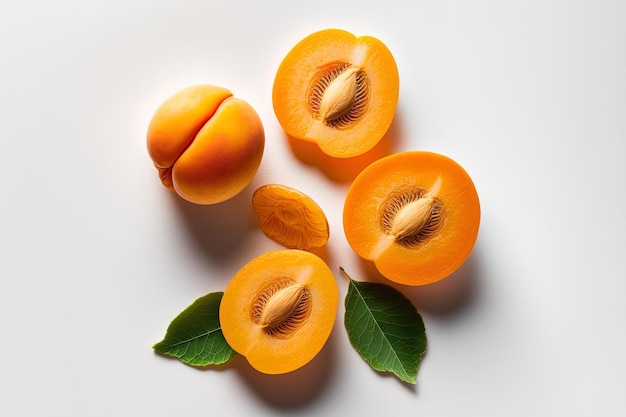 Sliced and half apricots isolated on a white backdrop route clipping looking up Lay flat