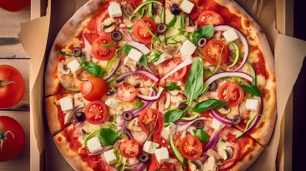 Sliced Italian pizza in a cardboard fast food box