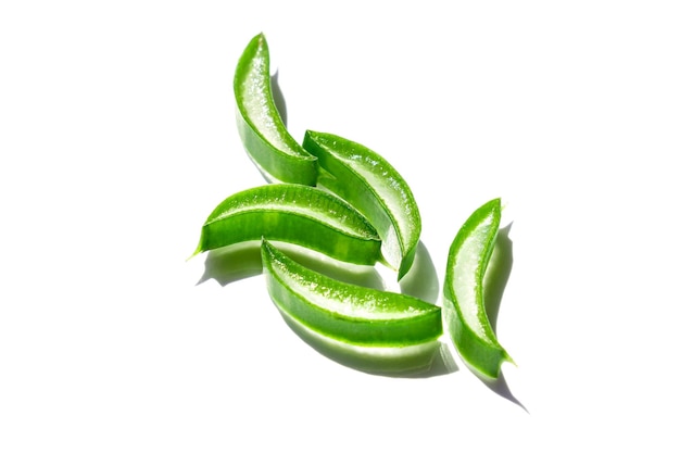 Sliced leaf of aloe vera on white background Natural organic ingredient for cosmetics Aloe gel