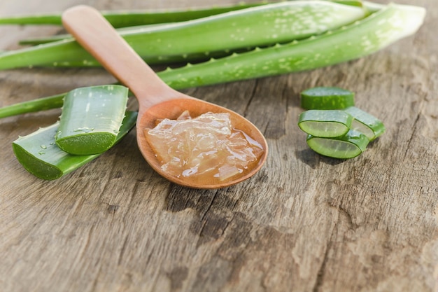 sliced and leaf of fresh aloe vera with aloe vera gel product+