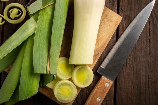 Sliced leek on wooden table