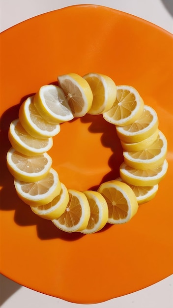 Photo sliced lemons with copy space on orange surface