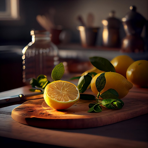 Sliced lemons on a wooden board on a dark background Ingredients for lemonade AI Generated