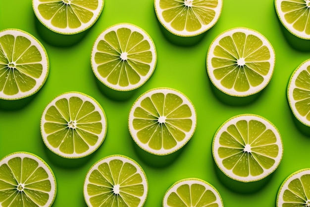 Sliced lime flat lay green background Generative AI