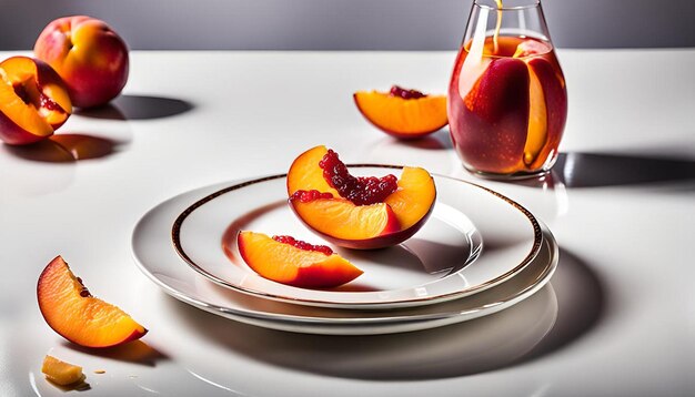 Photo sliced nectarine with drink in a plate on white table