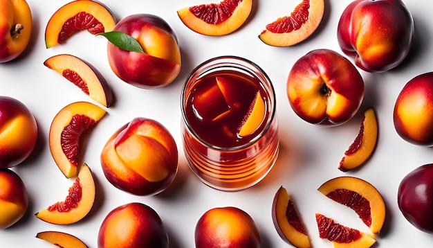 Photo sliced nectarine with summer drink top view on a white surface