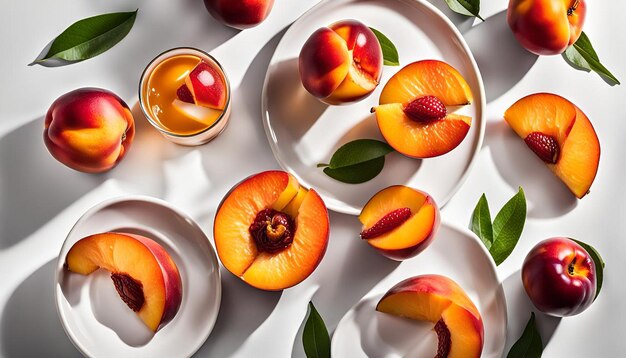 Photo sliced nectarine with summer drink on white table