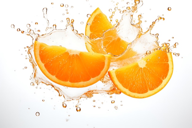 Sliced orange fruit splashing around orange juice white background