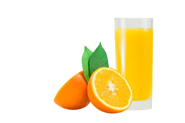 Sliced oranges with a glass of orange juice on a white background