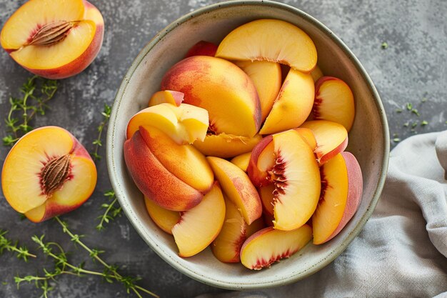 Photo sliced peaches bowl top view