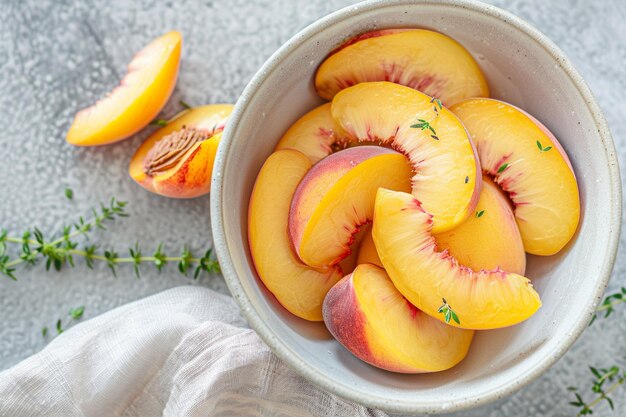 Photo sliced peaches bowl top view