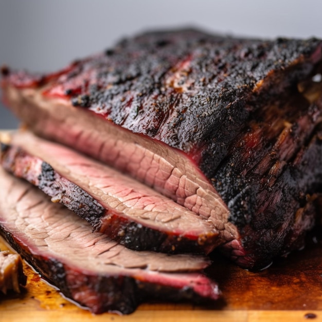 A sliced piece of meat on a cutting board with the meat being sliced.