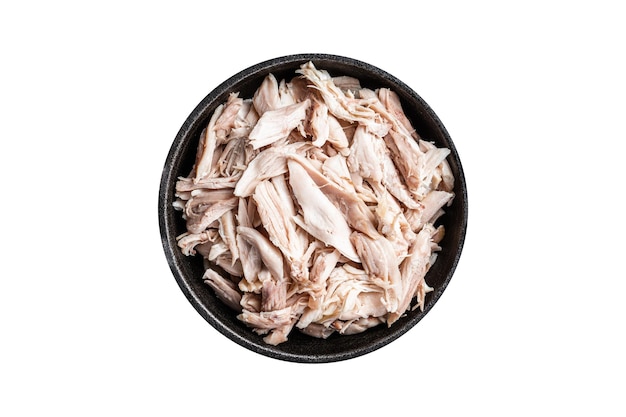 Sliced Pieces of chicken meat in a skillet pulled chicken Isolated on white background