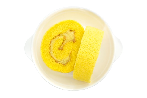 Sliced pieces of durian sweet roll cakes putting on white ceramic plate isolated on white background