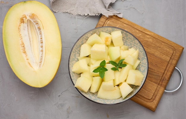 Sliced pieces of melon in a round gray plate on the table