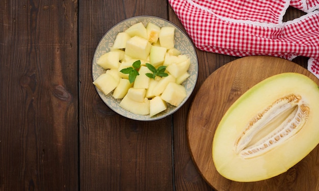 Sliced pieces of melon in a round gray plate on the table