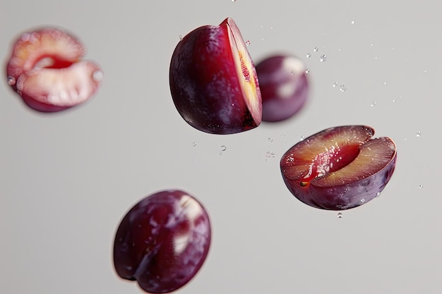 Photo sliced plum falling in air with white background