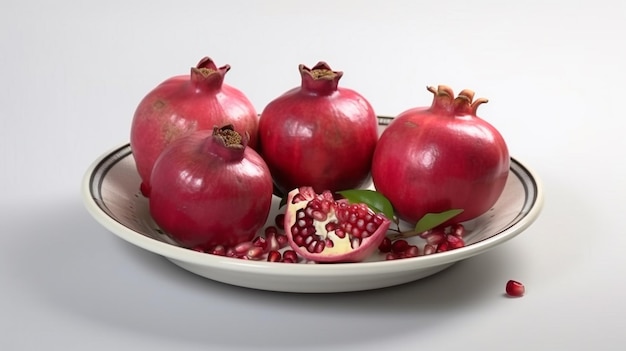 Sliced pomegranates arranged on plate Pomegranates whole and cut open